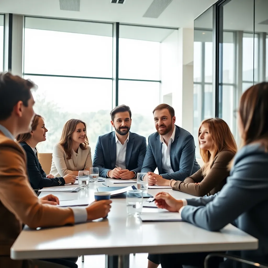 Nederlandse professionals bespreken financiële strategie in modern kantoor