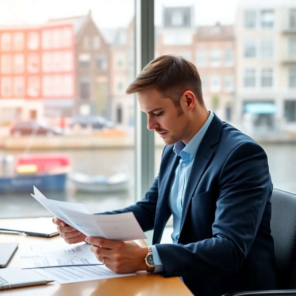 Nederlandse zakenman die rustig zijn financiën bestudeert in een modern kantoor